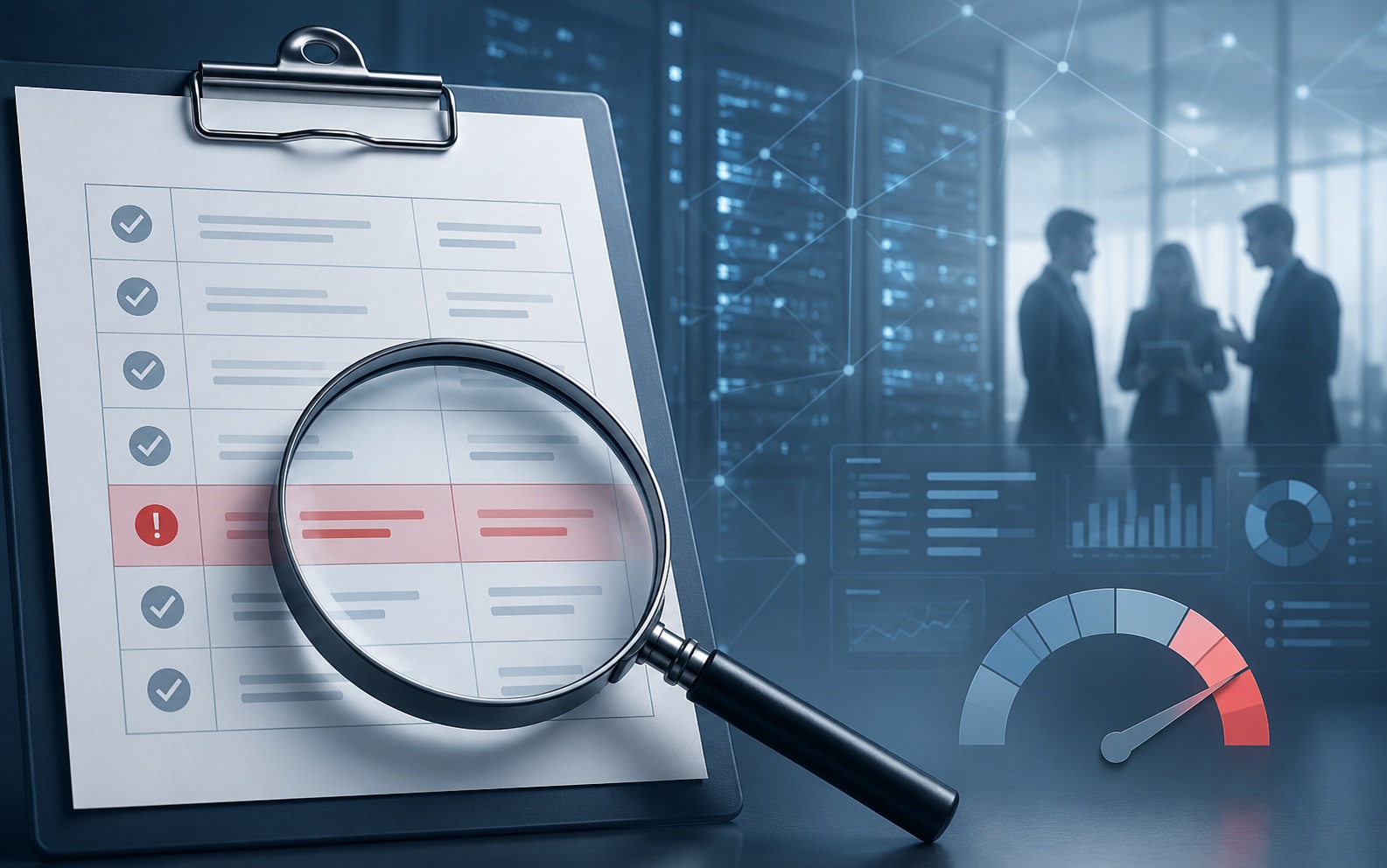 Cybersecurity assessment checklist and magnifying glass against digital infrastructure